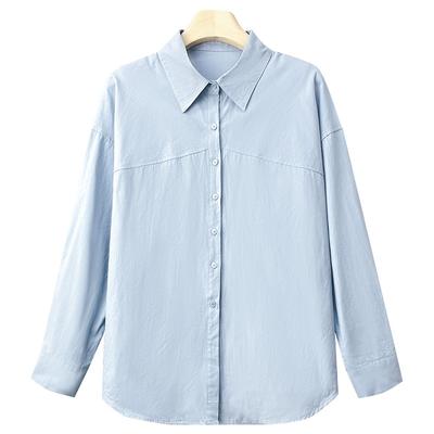 Blue Pure Cotton Shirt for Women Long-sleeved Spring New Loose Casual Mid-length Top Versatile Shirt