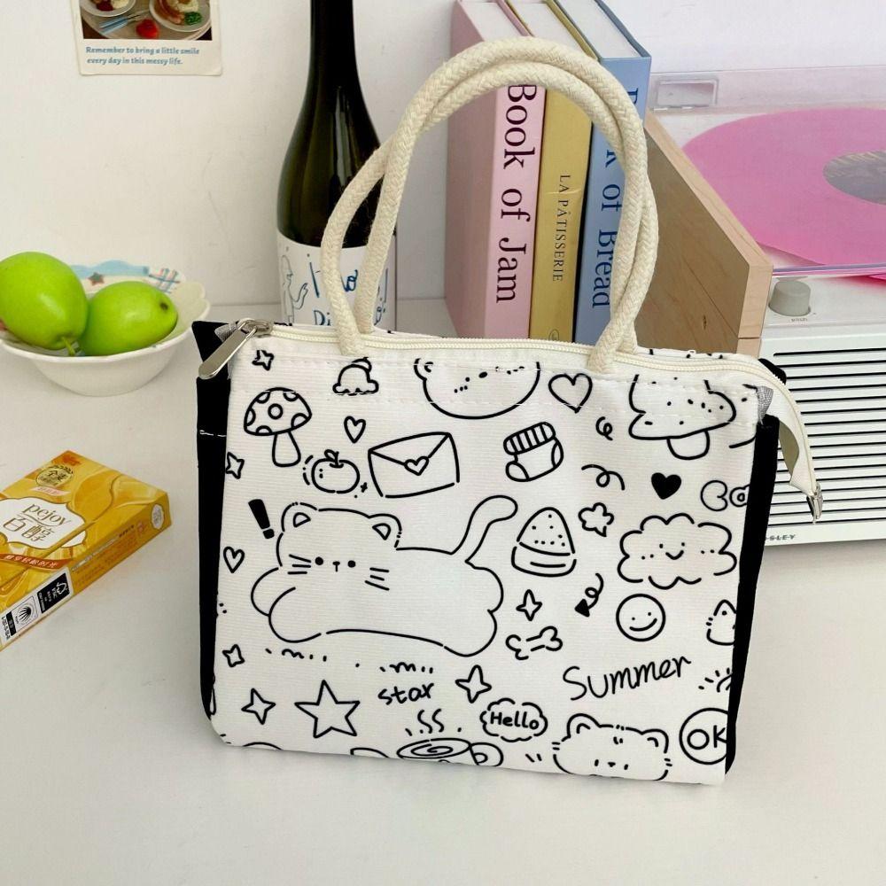 Large Capacity Canvas Lunch Bag Printed Insulated Lunch Box Bag Cute Cat Thermal Lunch Bag  Men