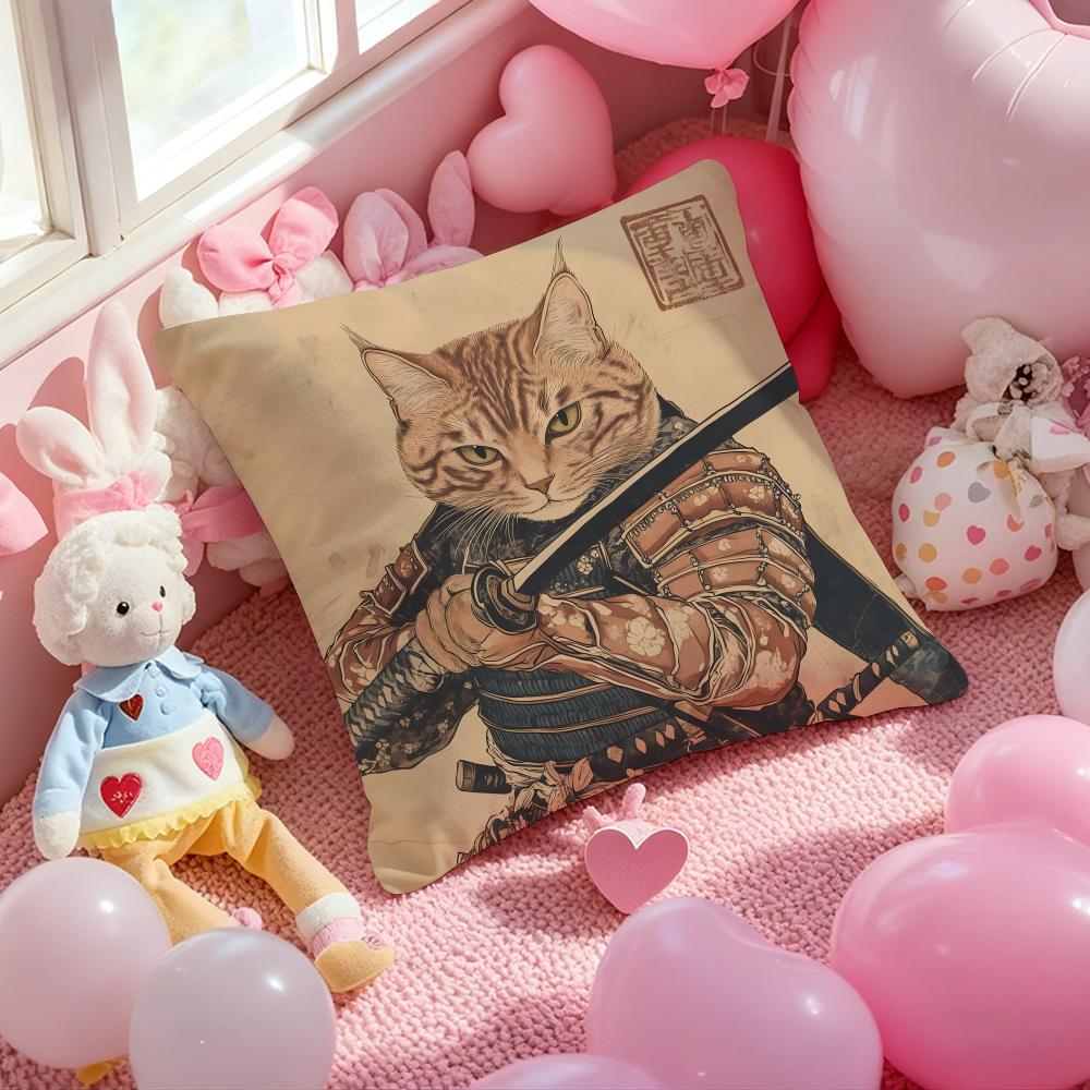 Japanese Style Samurai Cat Cushion Cover Pattern Printed Pillowcase for Living Room Sofa Cushion Cover & Bedroom Decor