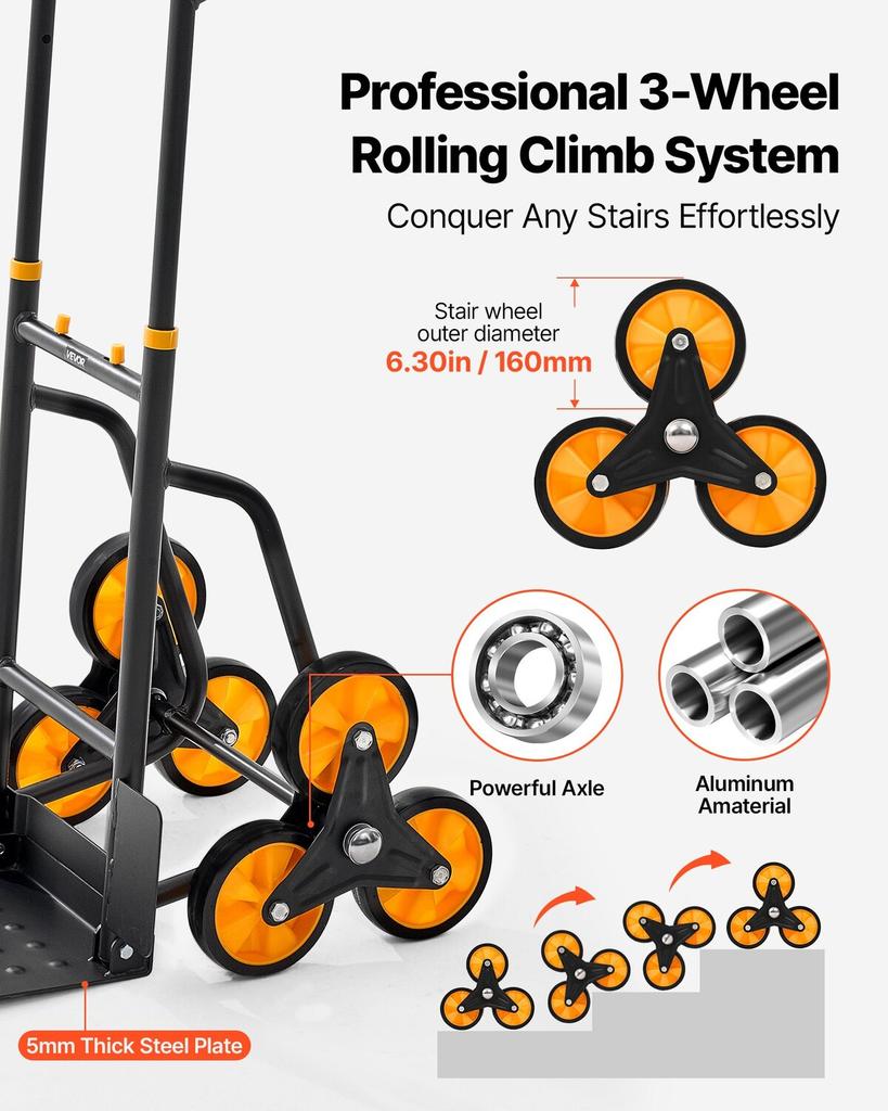 Stair Climbing Cart, 200 kg Stair-Climbing Capacity, Heavy-Duty Folding Trolley Cart with Telescoping Handle, 6 Wheels and 2 Bungee Cords, Stair