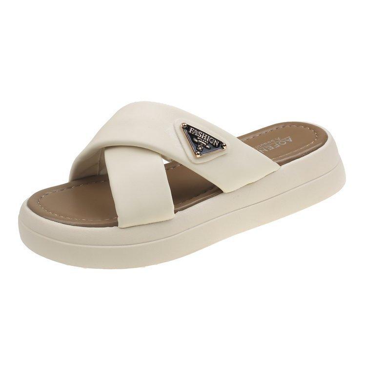 2025 summer new fashion soft leather soft-soled sandals casual triangle cross with one-word women's cool slippers