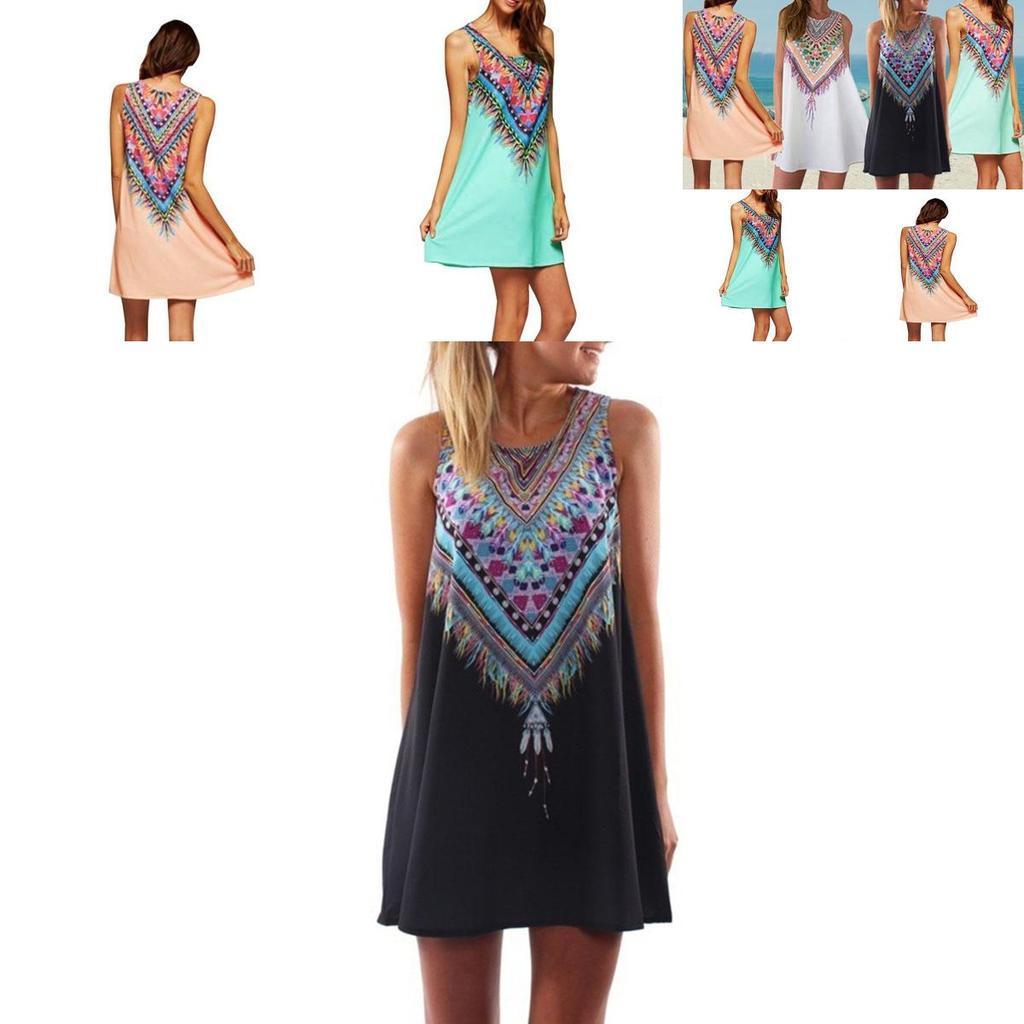 Women Loose Dresses Sleeveless Mini Dress Vintage Hippie Beachwear Boho