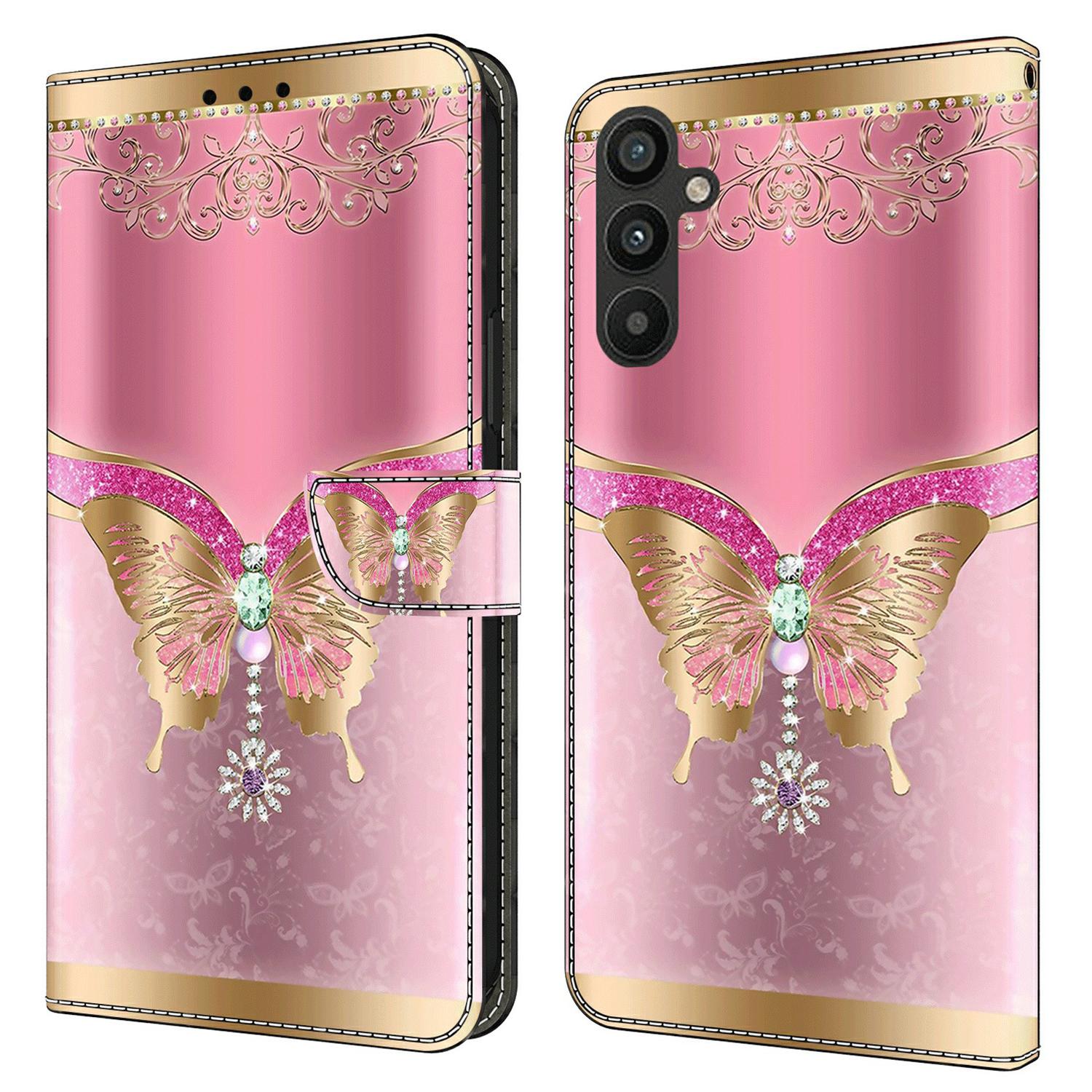

For Samsung Galaxy A15 4G Case 3D Pattern PU Leather Flip Protective Cover Pink/Gold Butterfly