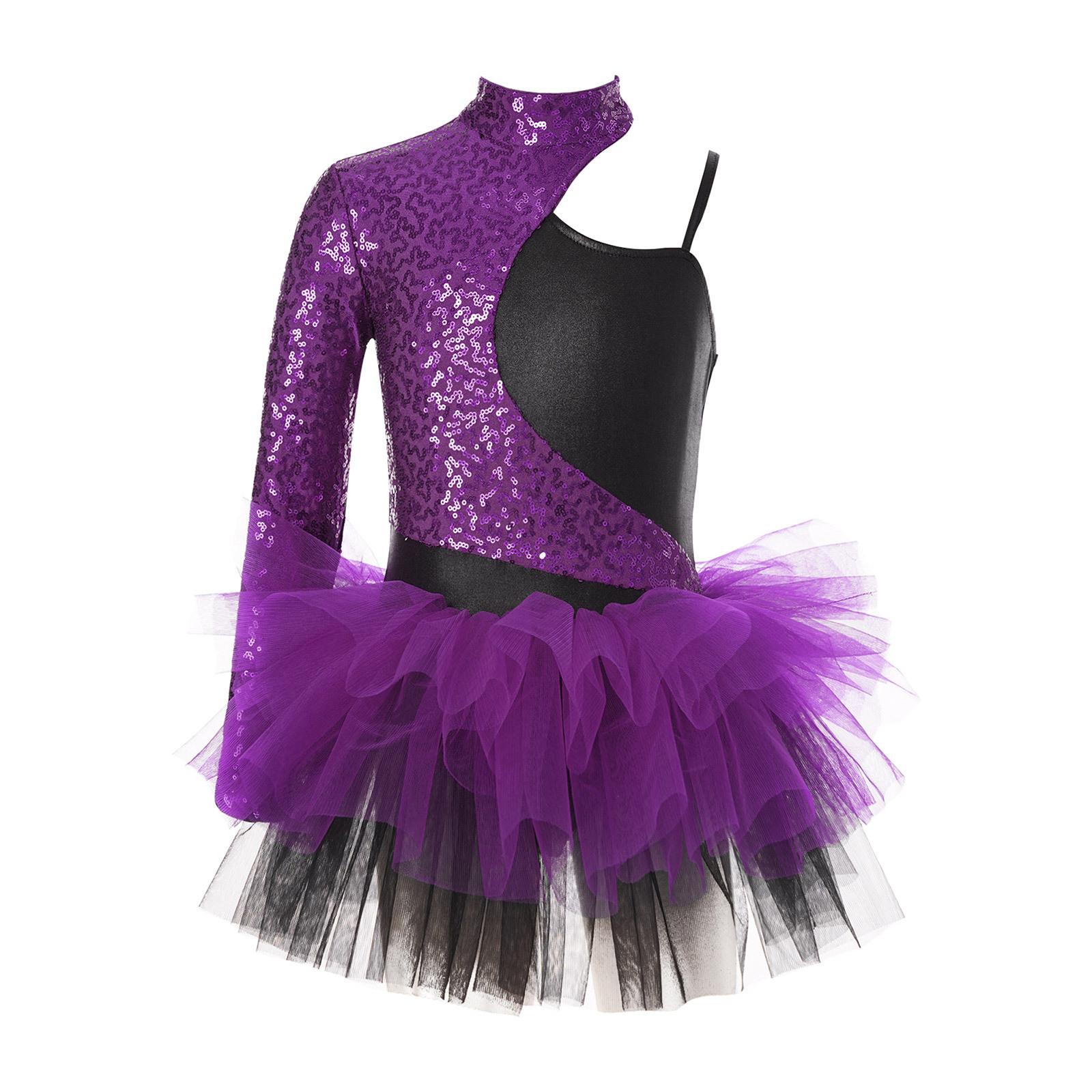 Abito da Ballo da Ragazza con Paillettes Lucenti Maniche Asimmetriche Gonna in Tulle a Contrasto Body Costume da Esibizione 5-6 Years violetto