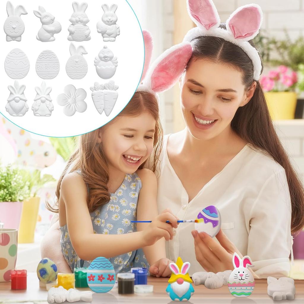 Sinmoe 12 Sets Easter Painting Kit for Kids Unpainted DIY Ceramic Figurines Paint Your Own Figurines Easter Egg Bunny Gnomes Carrot Flower