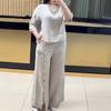Women's Loose Cotton Linen 2-Piece Outfit Short Sleeve Top And Split Wide Leg Pants Set Summer Casual Lounge Set