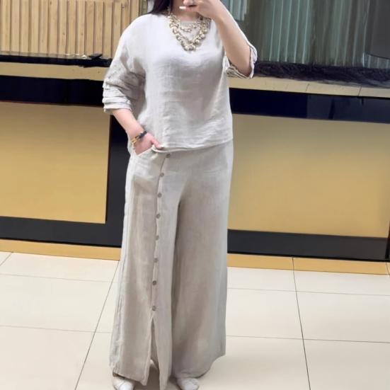 Women's Loose Cotton Linen 2-Piece Outfit Short Sleeve Top And Split Wide Leg Pants Set Summer Casual Lounge Set