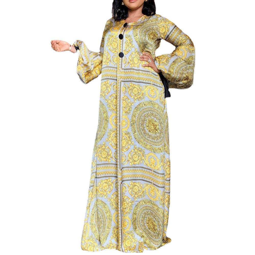 European, American Spring INS Spot Digital Soft Ding Crew Neck Single-breasted Lantern Sleeve Women's Long Dress