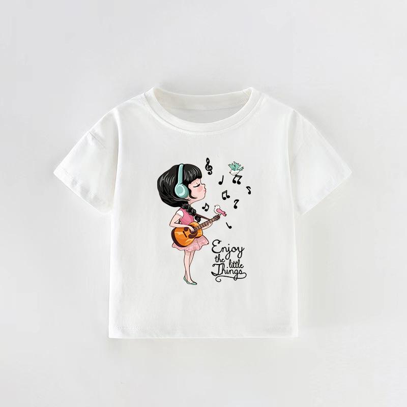Summer 2026 Girls  Cartoon Print Round Neck Short Sleeve Top for Toddlers and Kids 140 cm