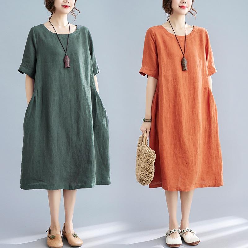 Real Summer New Literary and Loose Solid Color Cotton and Linen Round Neck Short-sleeved Dress Women's Medium and Long Models
