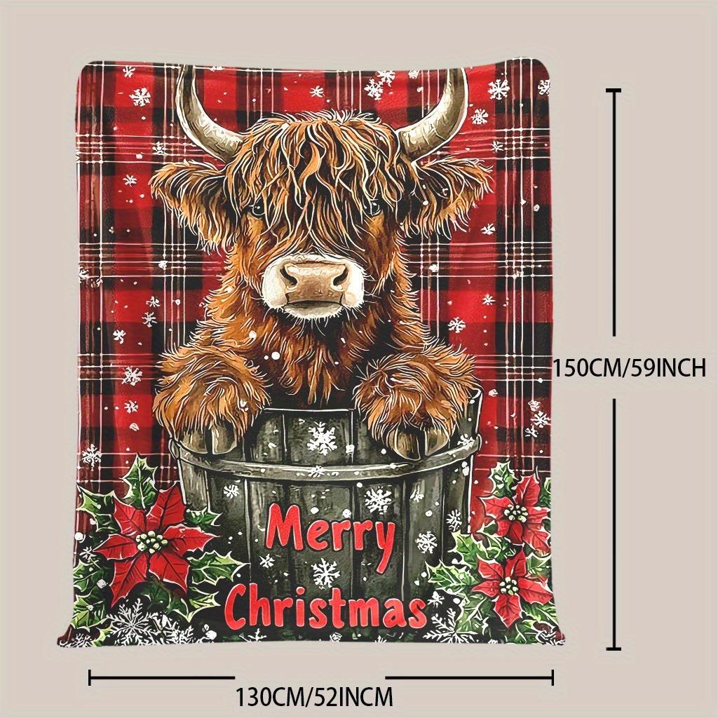 Highland Cow in a Plaid Christmas Blanket: Merry Christmas with Poinsettias Soft and comfortable New Year home decoration gift