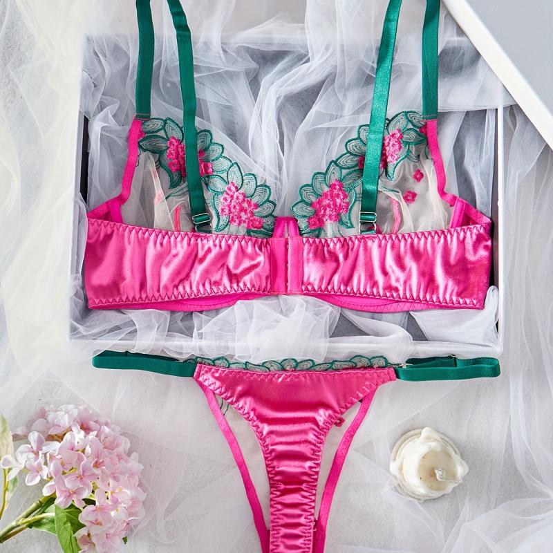 2-Piece Plus Size Naughty Lingerie Set - Sexy Floral Embroidered Sheer Mesh Bra and Thong Costume for Women