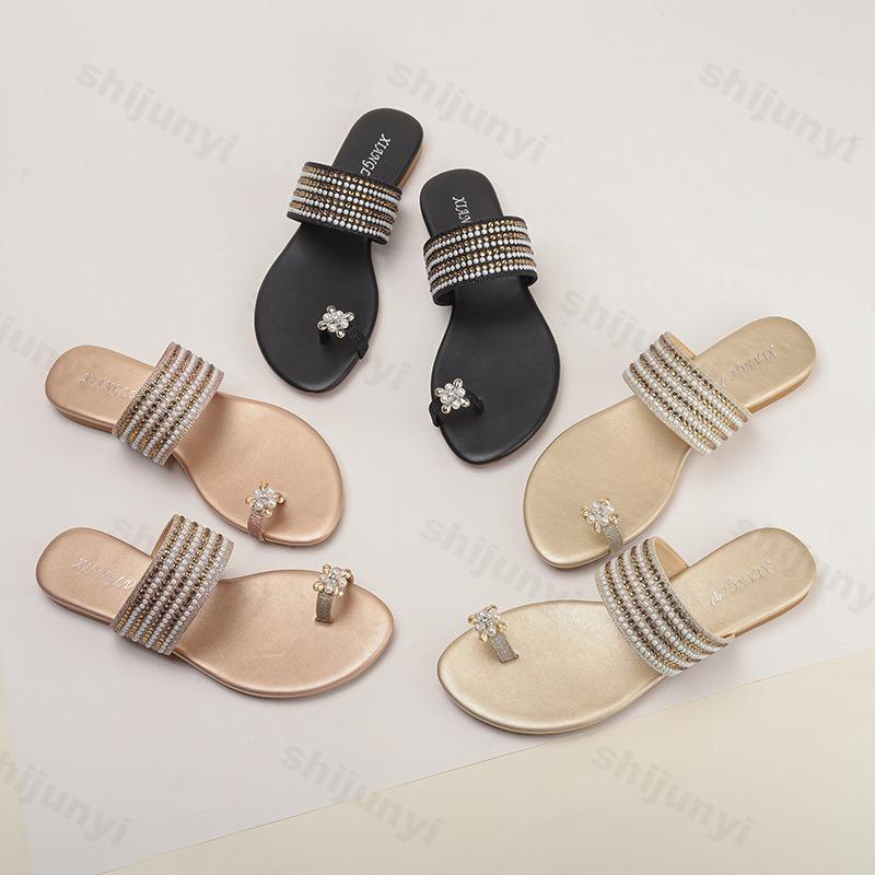 Fashion 2025 Summer New Roman Style Casual Sandals Women's Rhinestone Design Fashion Beach Slippers Comfortable Elegant Flat Drag Shoes
