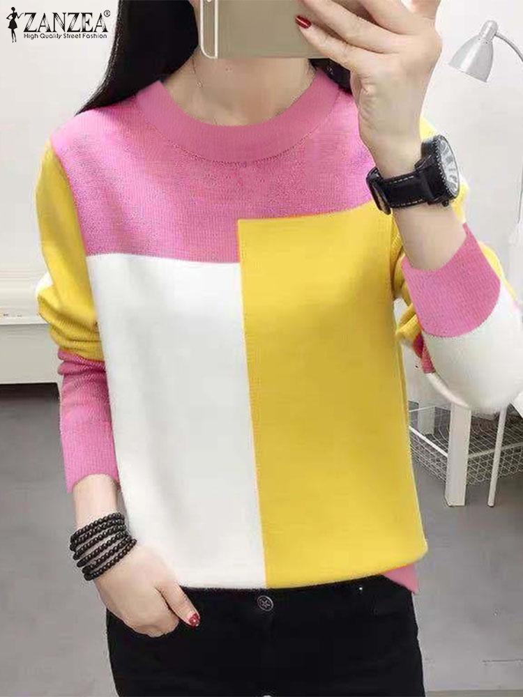 

Женская мода трикотажные топы 2024 осень повседневные футболки с длинным рукавом цветные лоскутные футболки с круглым вырезом элегантные футболки Femininas XXXL розовый