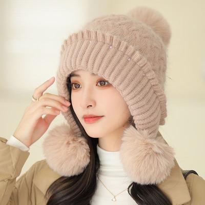 Women's Knitted Winter Hat with Pom-Poms, Elastic Polyester Fiber Beanies, Hand Washable, Lightweight, Ear Warmth Protection, Cute Thickened Design