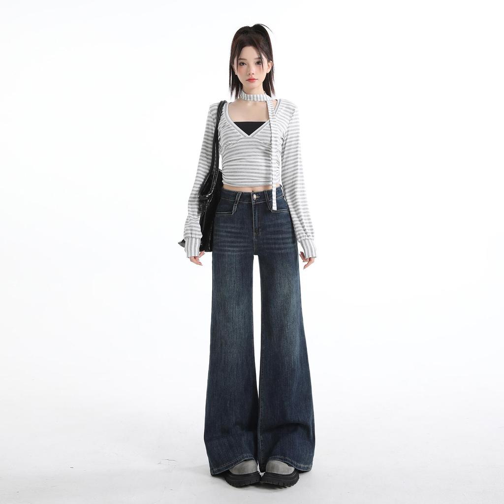 Women's High-Waist Retro Flare Jeans - Slimming, Loose Fit for Spring and Autumn 2026
