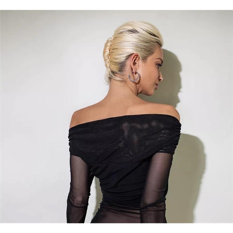 Tooxika Spring And Autumn Women's New Solid Color Slim Fashion One-shoulder Neck Mesh Long-sleeved Top