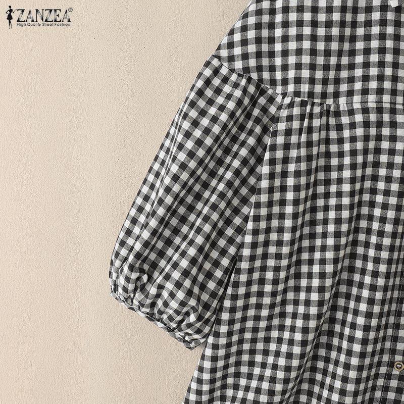 ZANZEA Women Turn Down Collar Loose Casual Half Sleeve Grid Print Blouse