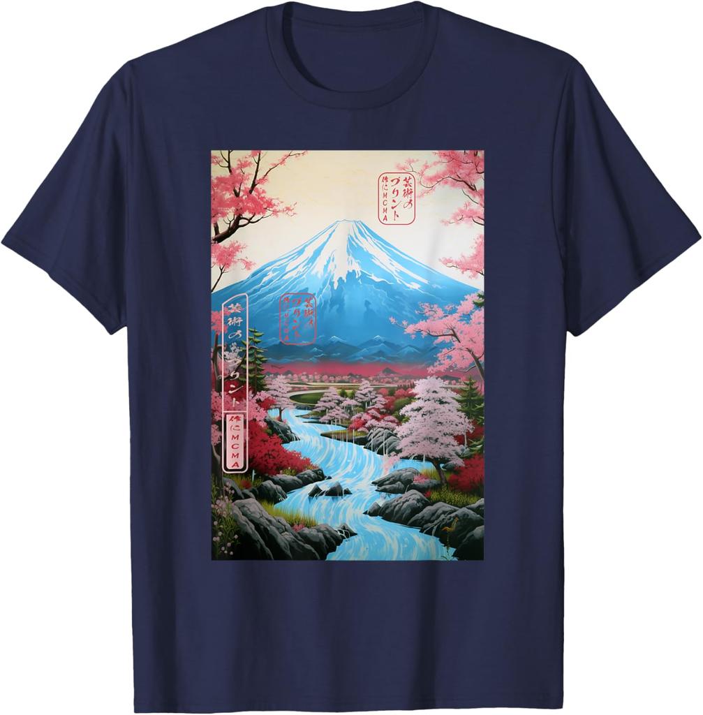 Mount Fuji Ukiyoe Cherry Blossom Graphic TShirt Soft Cotton Casual Short Sleeve Tee for Men