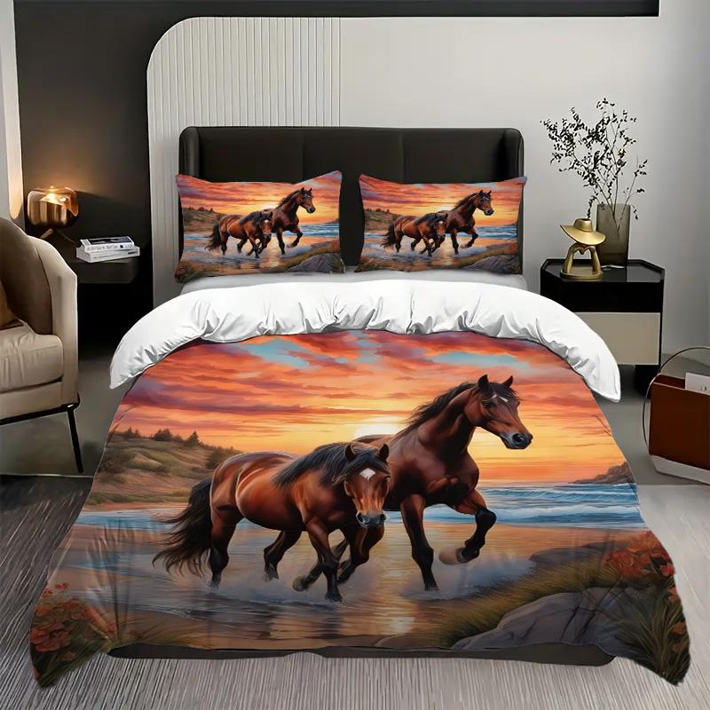 

Sunset Horses Pattern 3D Printed Bedding Set Luxury Home Textiles Quilt Cover Soft Comfortable Polyester Duvet Cover Pillowcases 135x200cm 2pcs