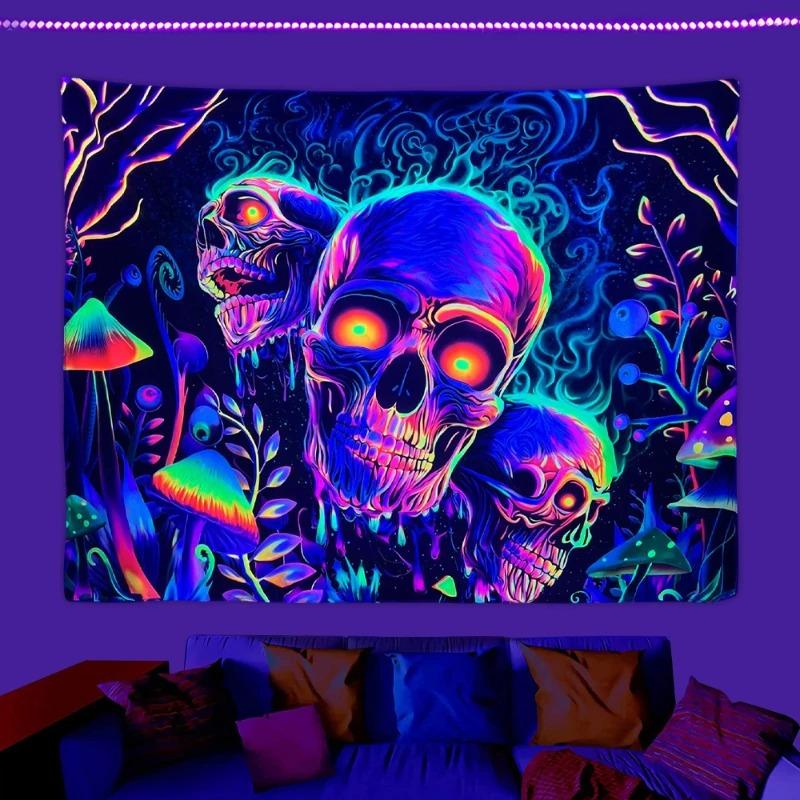 Skull Flower Uv Fluorescent Tapestry Needs Uv Illumination Aesthetic Decorative Wall Hanging For Bedroom