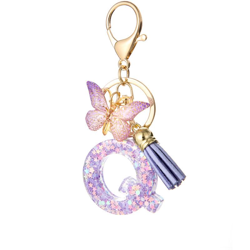 A-Z Alphabet Resin Keychain Purple Butterfly Tassel Pendant Classic Retro Durable Women Bag Accessory Practical Backpack Hanging Charm