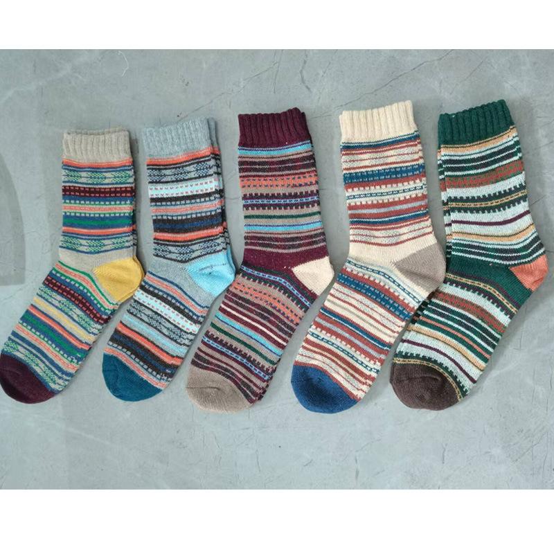 5/10 Pairs Autumn Winter Thickened Warm Socks Men's Retro Ethnic Style Small Diamond Wool Socks Mid Calf Socks Comfortable