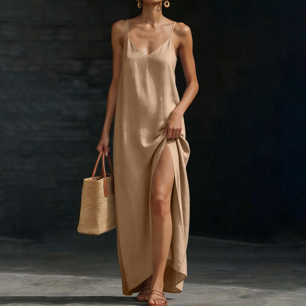 Women’s Sleeveless Maxi Dress with Adjustable Spaghetti Straps and Side Slit Relaxed Fit Long Sundress for Summer Beachwear