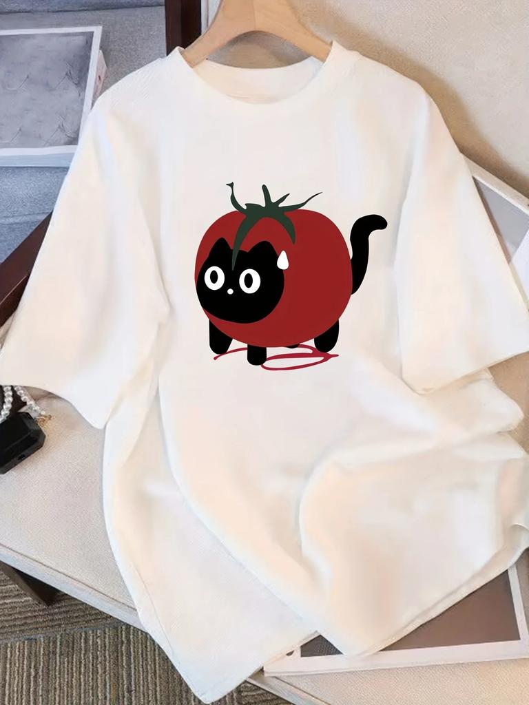 Cute Cartoon Cat Tomato Print Women's Short Sleeve T-Shirts Fit Round Neck Casual Top Breathable Women Clothes