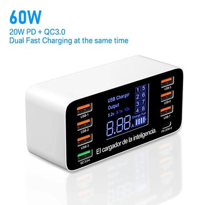 8-Port-Schnellladegerät mit USB-Anschluss, QC3.0, Schnellladefunktion, Typ C, intelligente Ladestation, LCD-Digitalanzeige, USB-Multiport für Telefon