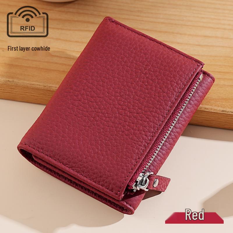 

Genuine Leather Women s Tri-fold Wallet RFID Credit Card Holder Coin Purse бордовый
