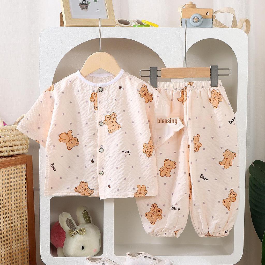 Kids' Breathable Summer Short-Sleeve Set: Lightweight Homewear for Boys & Girls, Ideal for Air-Conditioned Spaces