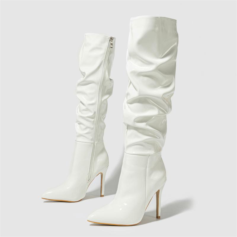Fashion Patent Leather Women Knee High Boots Sexy Pointed Toe Thin Heels Zipper Ladies Long Female Shoes Zapatos Mujer