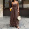 Women Striped Maxi Dress Sleeveless Spaghetti Strap Backless Waist Cinched Casual Summer Dress for Vacation Beachwear