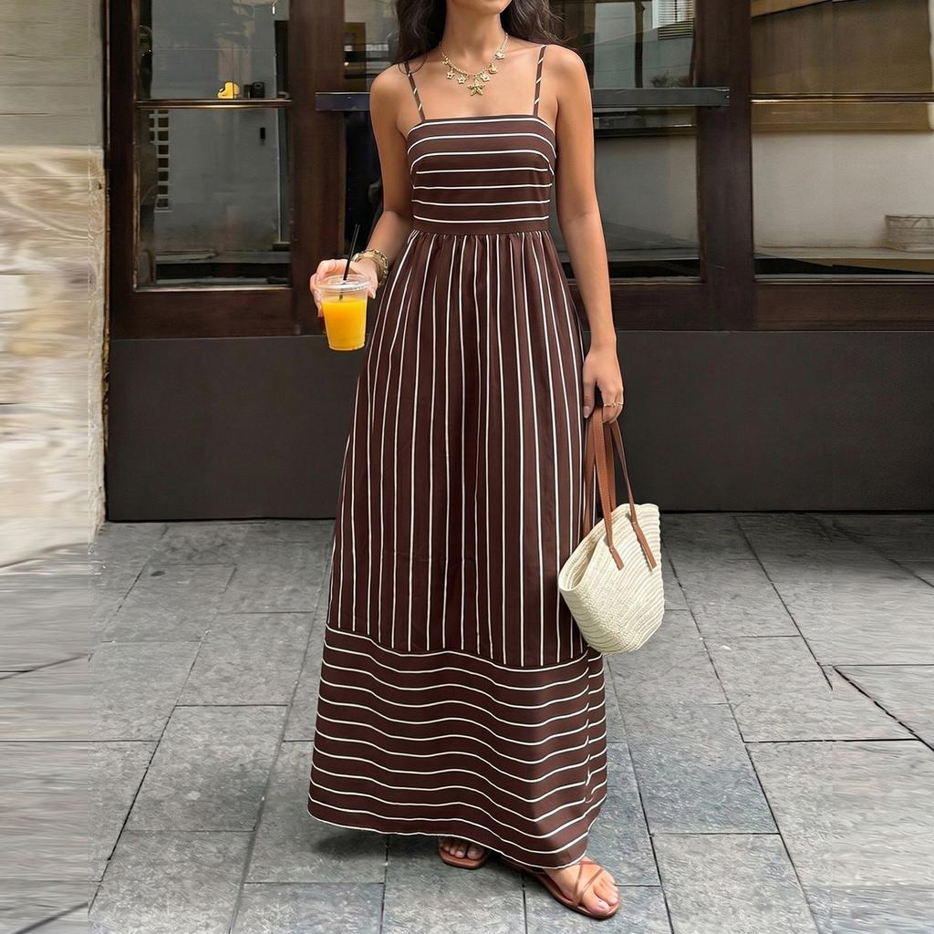 Women Striped Maxi Dress Sleeveless Spaghetti Strap Backless Waist Cinched Casual Summer Dress for Vacation Beachwear