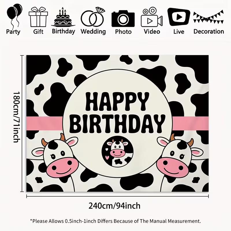 2D Flat Printing Cow Pattern Happy Birthday Backdrop for Girls Boys Birthday