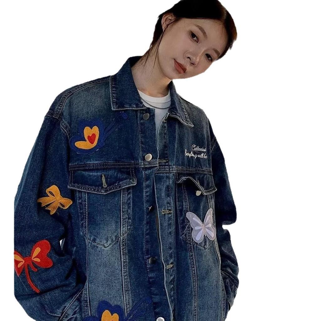 Trendy Unisex Butterfly Washed Denim Jacket - Spring/Autumn Casual Loose Fit