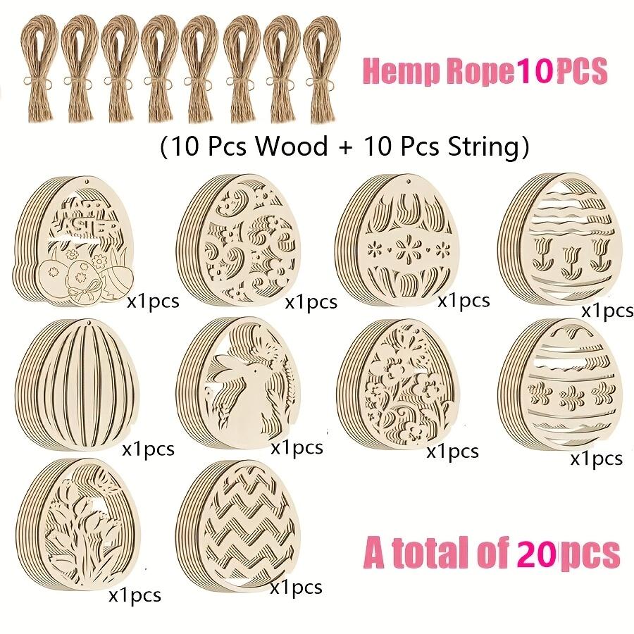 2D Flat Easter Bunny Eggs Including 10 Jute Threads and 10pcs of Wood Easter DIY Decorations Festive Pendants Party Supplies