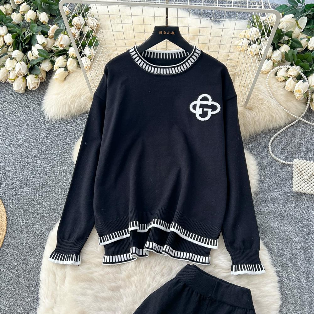 Höst Vinter Dam Casual Stickad Tröja Byxa Tvådelat Set Helärmad Pullover Toppar och Vida Ben Byxor Träningsoverall