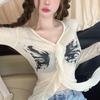 Early Autumn Thin Foreign Style V-Neck Slim-Fit Cardigan Top Women'S Printed Wooden Ear Edge Waist Long-Sleeved T-Shirt New