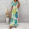 Women Plus Size V Neck Short Sleeve Tropical Leaf Printed Straight Long Dress
