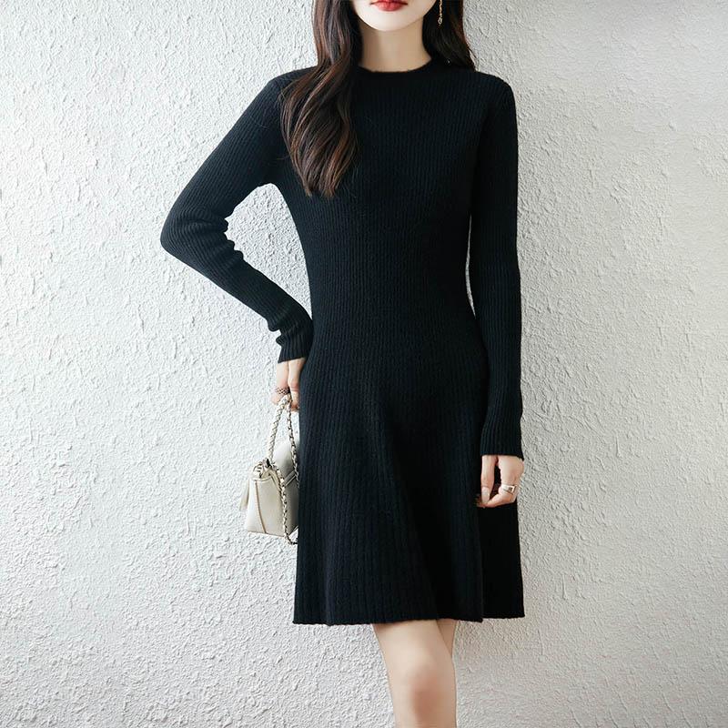 Women Sweater Dress 100% Wool TIDENOVEL O-neck Knit Long Pullover Winter Jumpers Wool Long Dress Female
