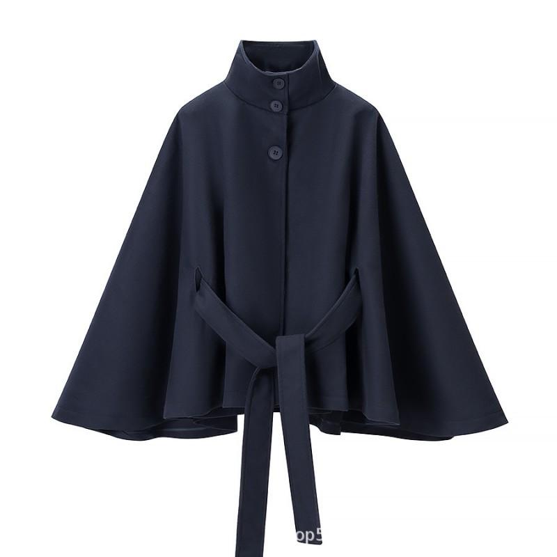 Damen Übergroßer Wollmischungs-Umhangmantel Mit Gürtel Stehkragen 3-Knopf-Verschluss Lockerer Schnitt Winter-Oberbekleidung