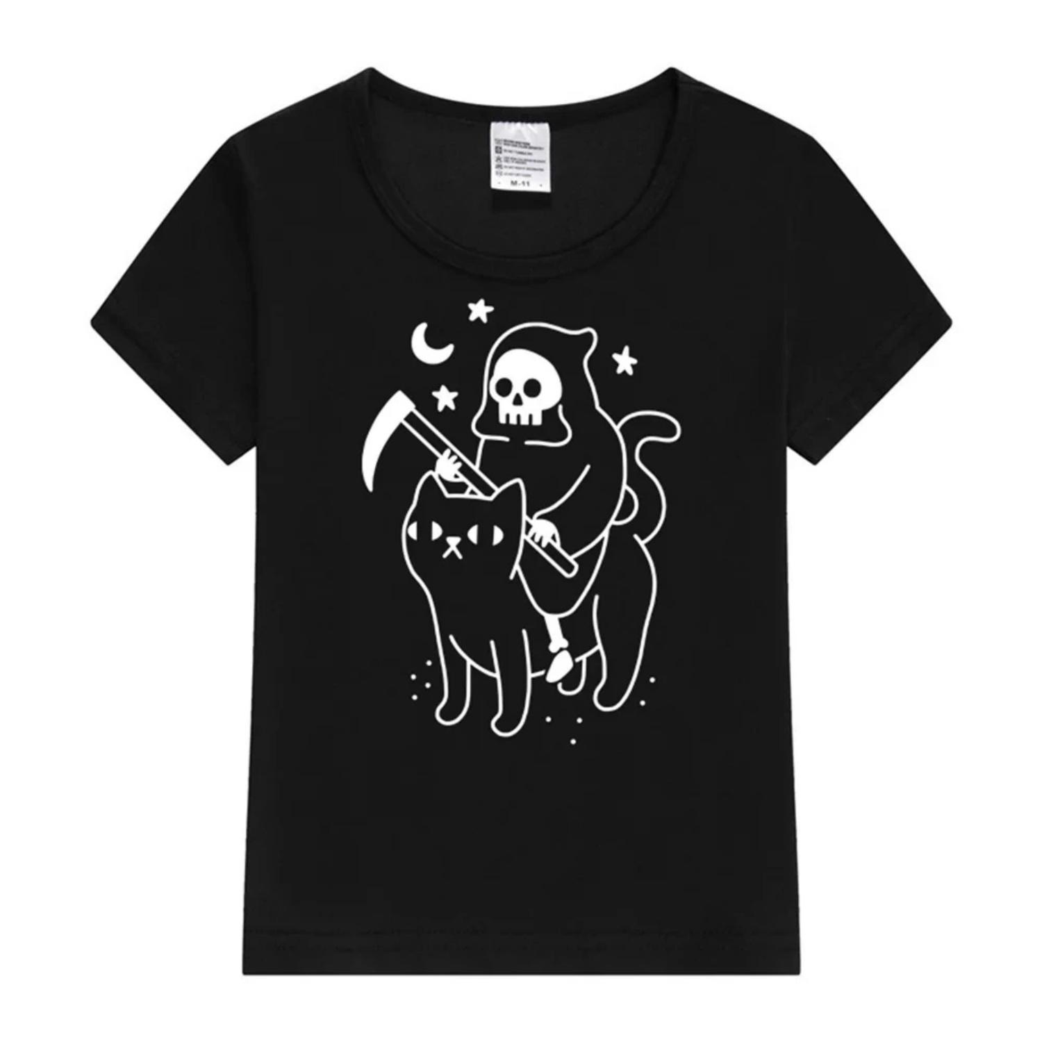 

Death Cat Pattern s Short Sleeve Simple Line Printed T-shirt Loose Large Round Neck Cute Home Clothes S чёрный
