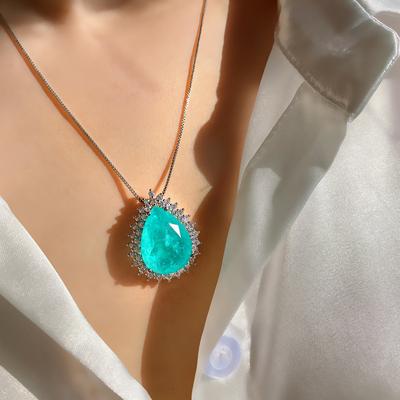 Collar de Gema de Gota de Agua Paraiba Micro-Incrustada para Mujer Colgante Corazón del Océano Cadena Larga para Suéter para Mujer