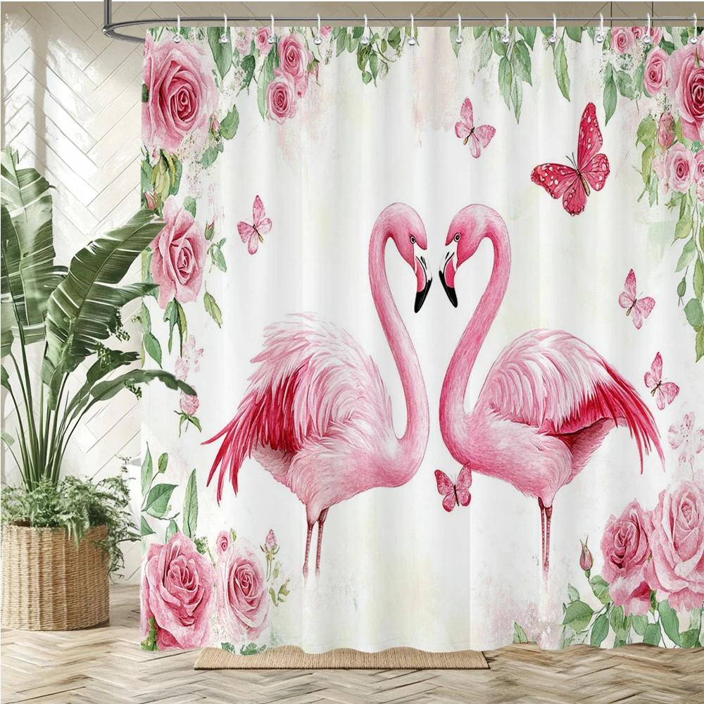 

Nordic plant flamingo style fabric shower curtain bathroom curtain,flowers and birds style home decoration curtain with hooks W90xH180cm