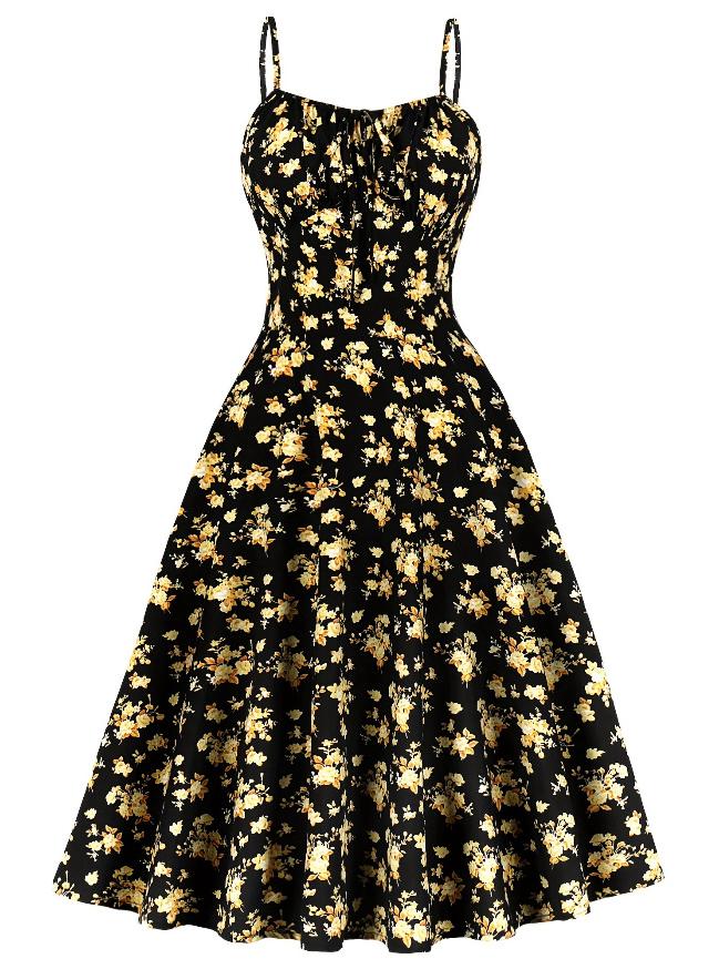 

2025 French Resort Floral Summer Sling Dress Small жовтий/чорний
