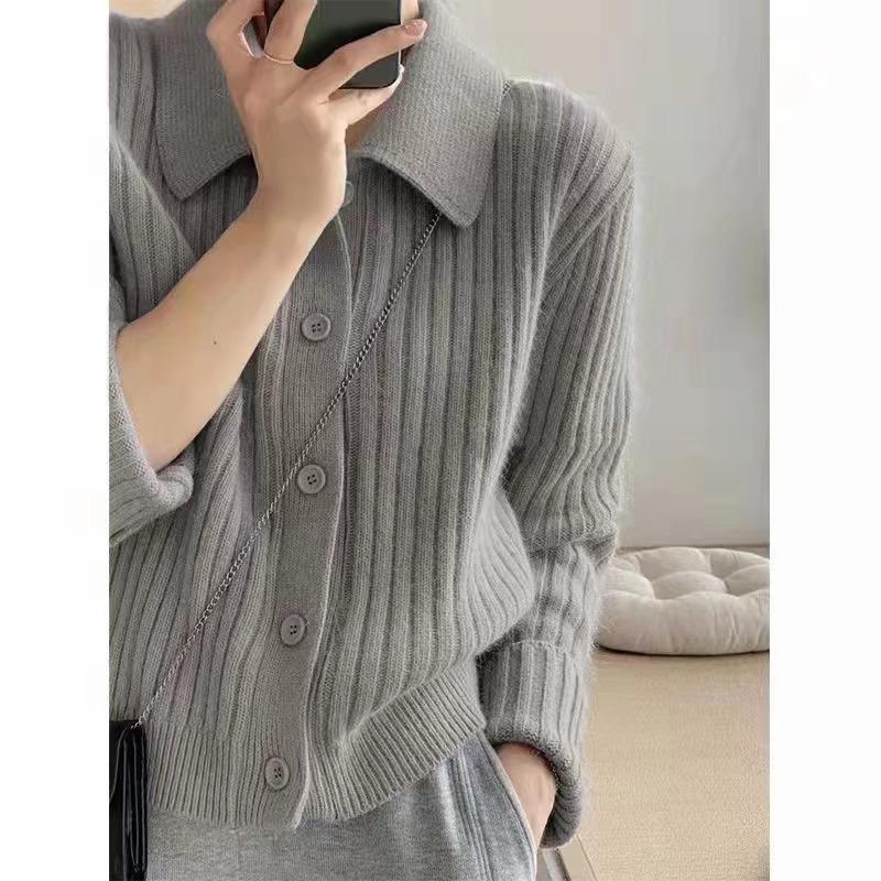 Temperament Pink Lapel Sweater Cardigan Female Early Spring Design Sense Niche Gentle Lazy Knit Jacket Solid Color Tops