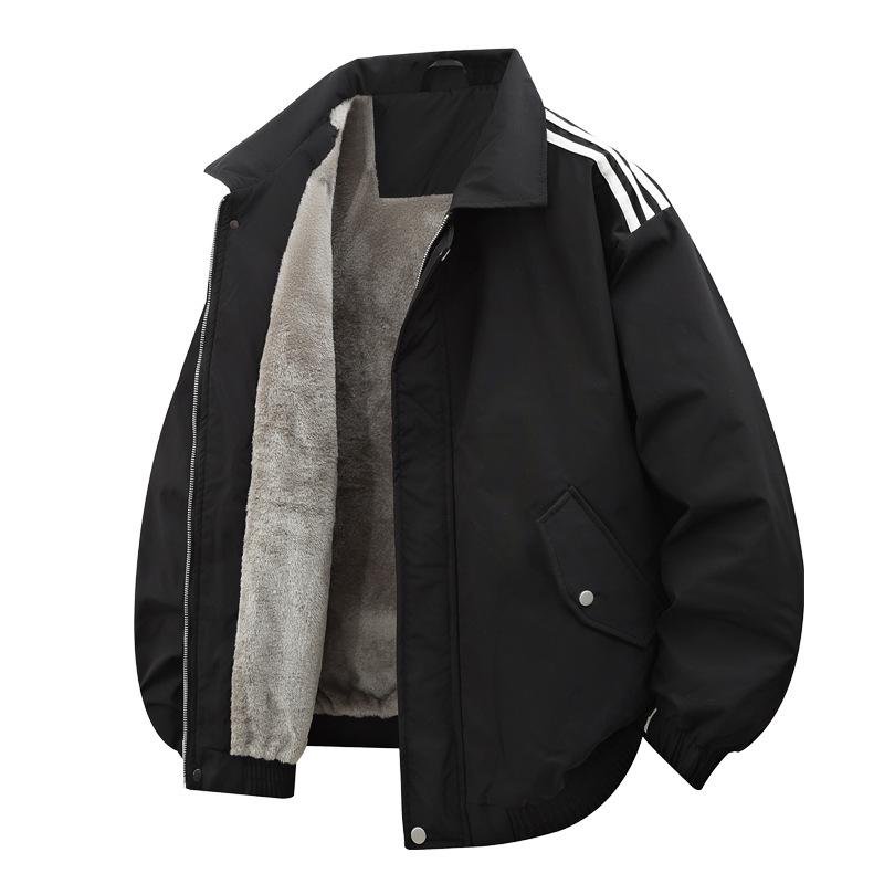 Nowa Męska Unisex Amerykański Styl Kurtka Casual z Klapami i Trzema Paskami z Pluszowym Podszyciem