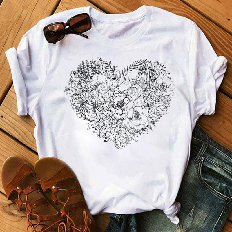 Women's White Tshirt Heart Flower Print T Ladies Casual Basis O-Collar White Shirt Short Sleeve Love Graphic Printing